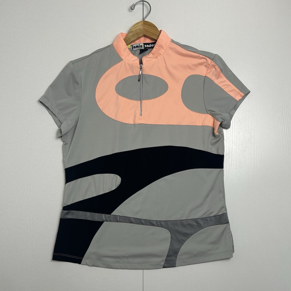 Jamie Sadock Womens Quarter Zip Active Top Sz M Black Gray Coral Short Sleeve